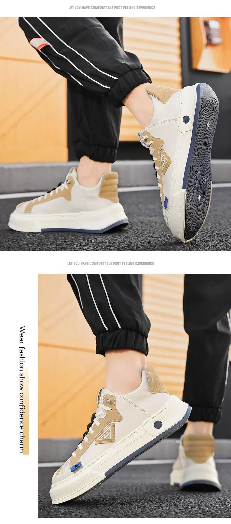Men's beige low-top sneakers with elastic band closure and leather stitching detailing