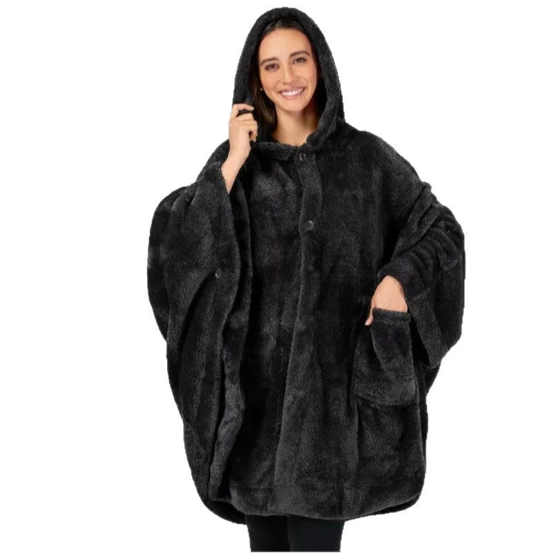 Thick hooded cloak bathrobe in black, dark grey, or pink colours with long sleeves