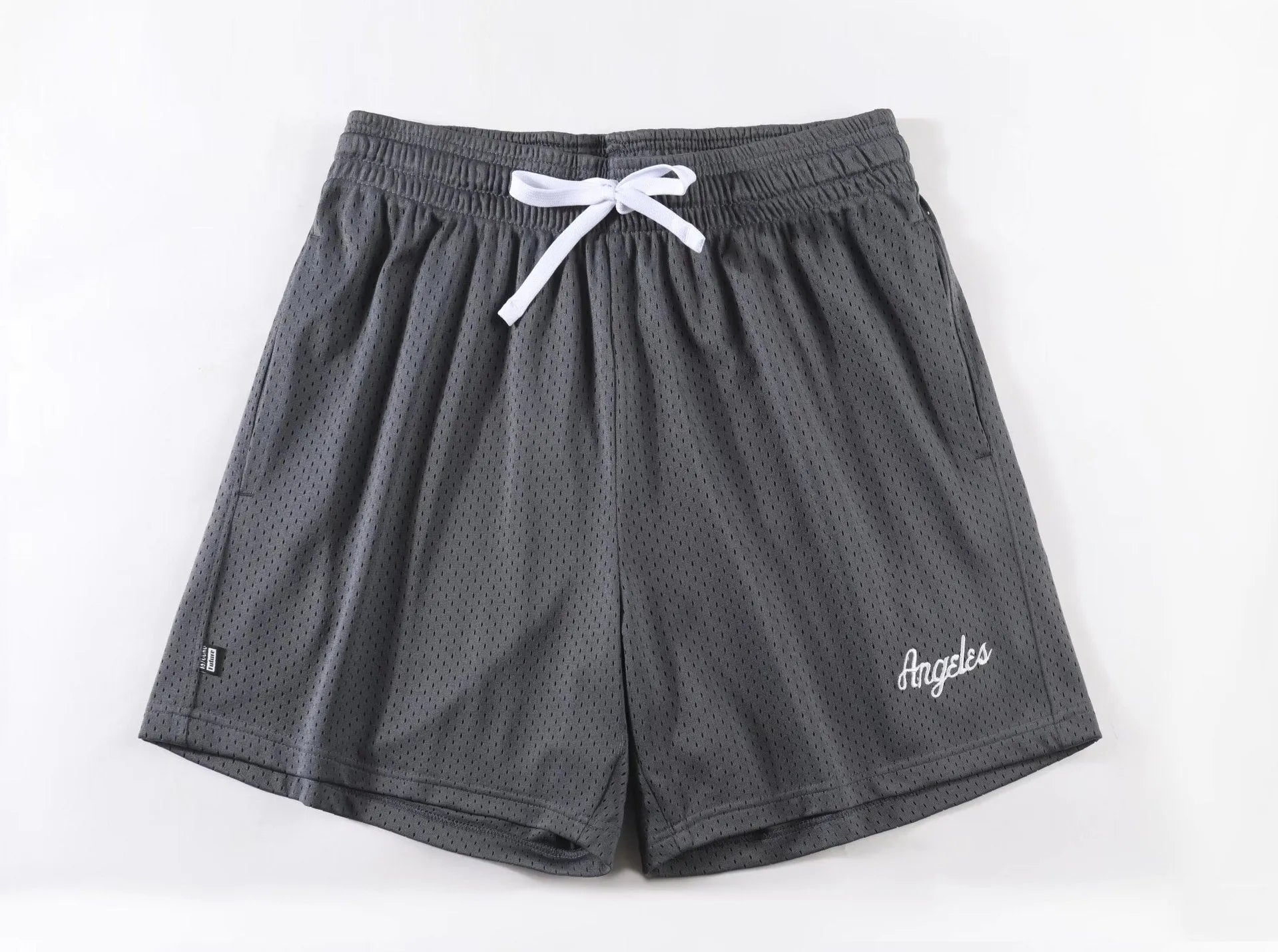 Men's personalised double-layer mesh sports shorts in multiple colours on a size chart.