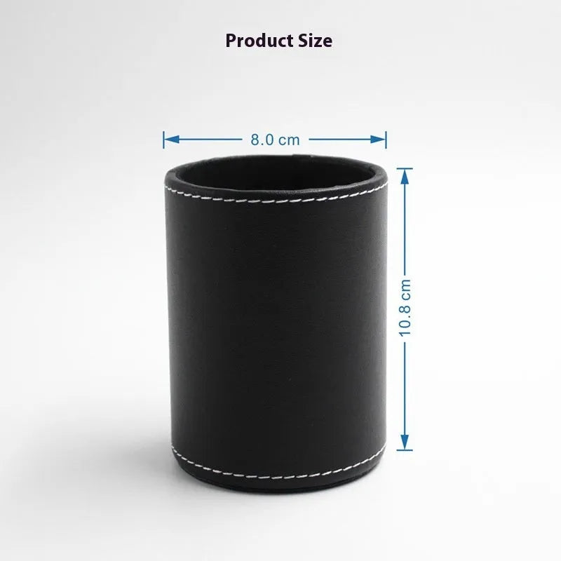 Round black leather pen container showing cylindrical shape and compact size for desk organisation.