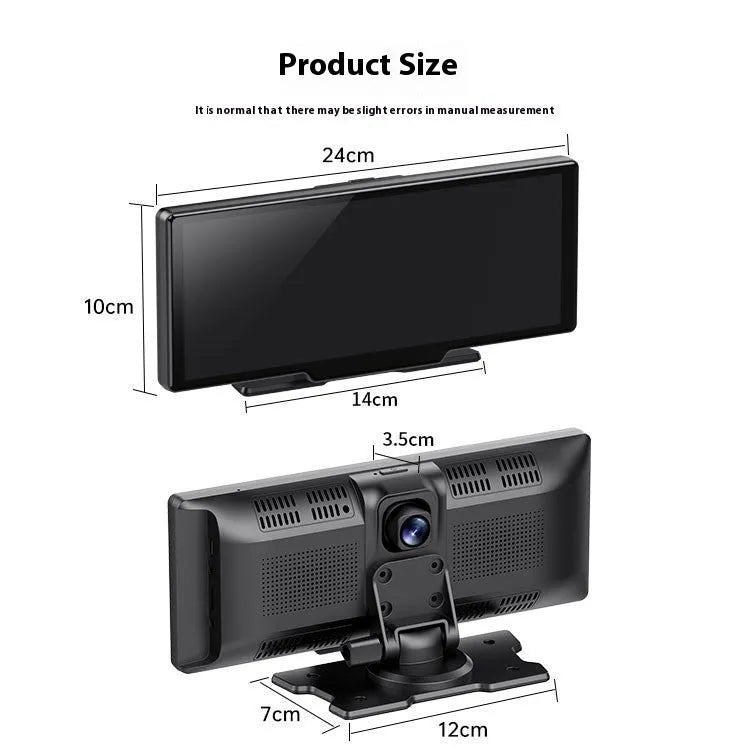 10-inch car touchscreen display showing Apple CarPlay interface and driving recorder footage