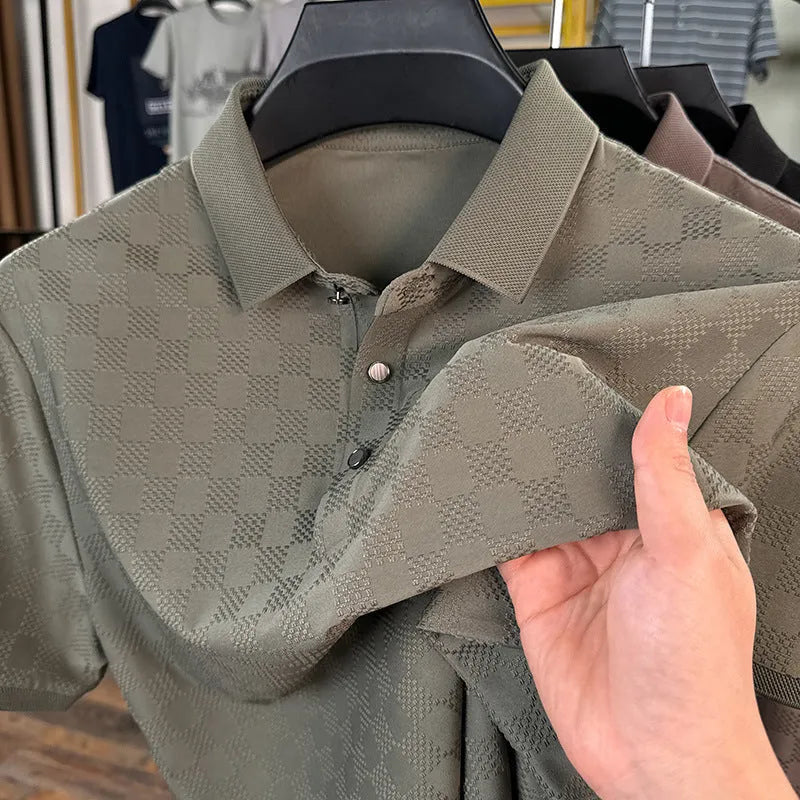 Rhombus thin Ice Silk short sleeve T-shirt in black, showing slit detail and fabric texture.