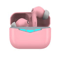True wireless gaming earbuds and charging case in black, pink, white, or grey colours with silicone ear tips.