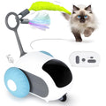 Blue smart cat toy car with feather teaser attachment and remote control