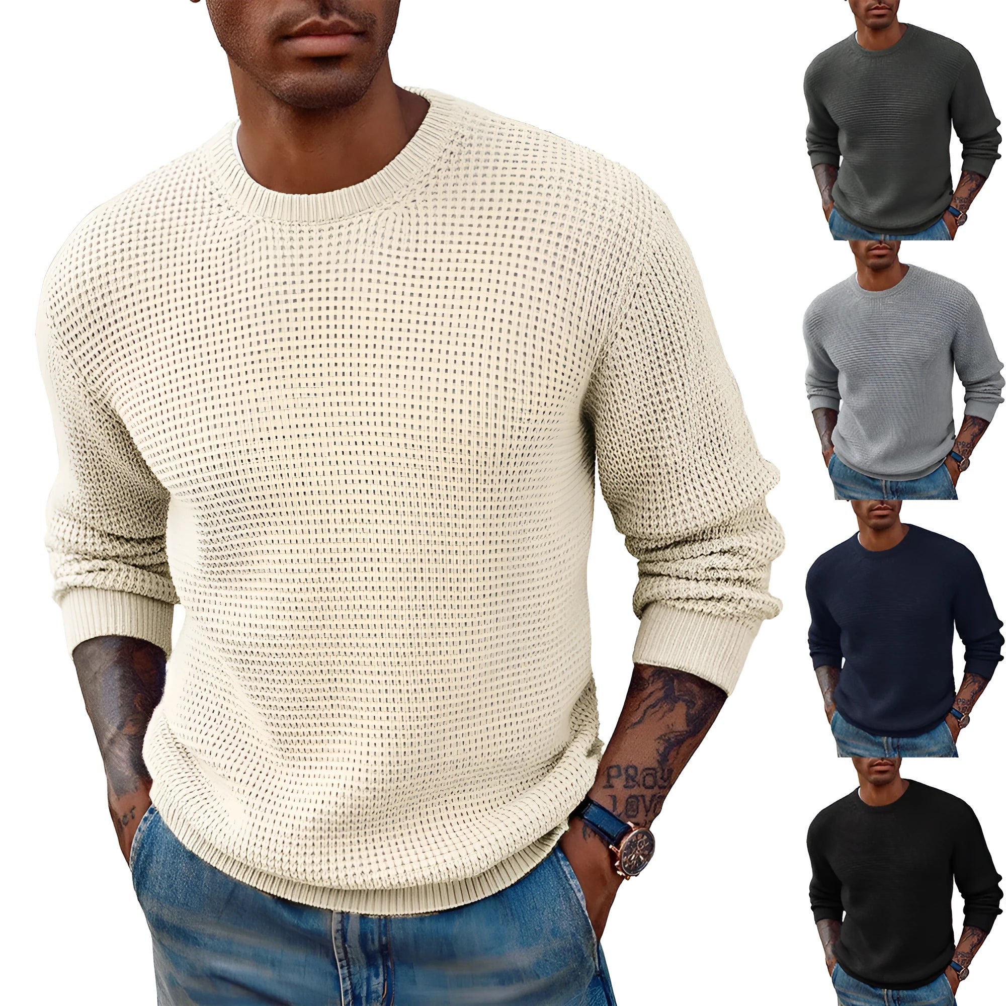 Men's solid colour round neck sweater pullover in beige, casual knit top