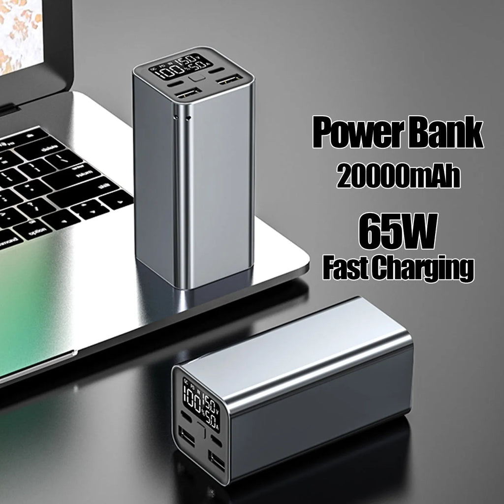 Black high power laptop charging bank showing metal case with 65W output and 20000mAh capacity.