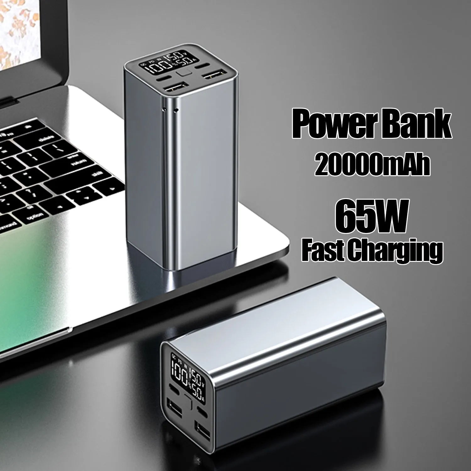 Black high power laptop charging bank showing metal case with 65W output and 20000mAh capacity.