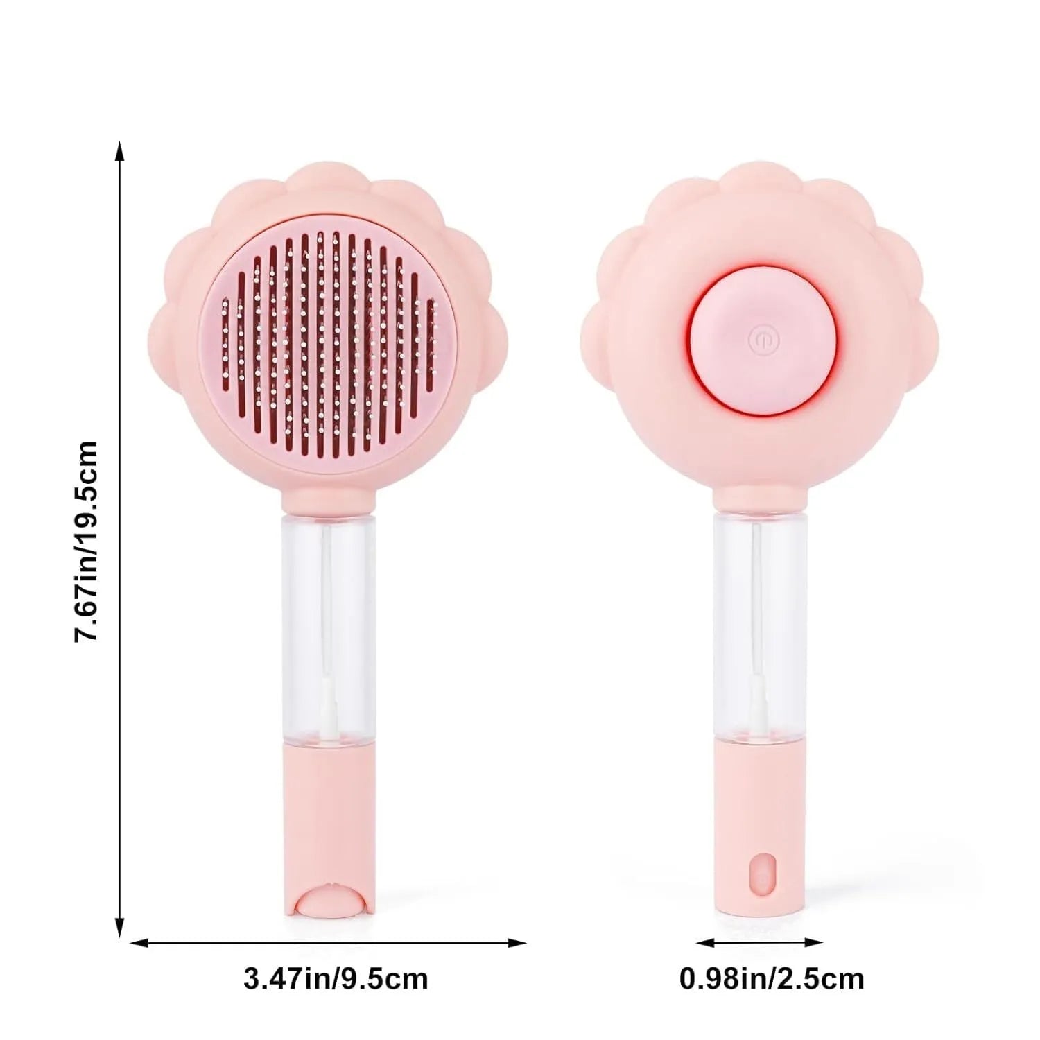Grey spray cat grooming brush with self-cleaning button and water spray function.