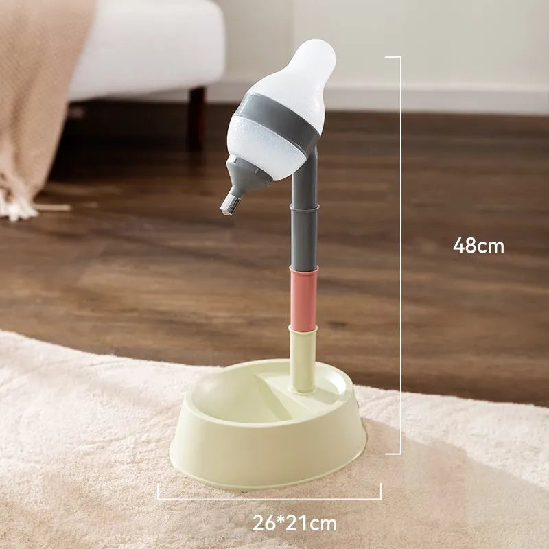 Green adjustable standing water dispenser for pets with a detachable bowl and pole.