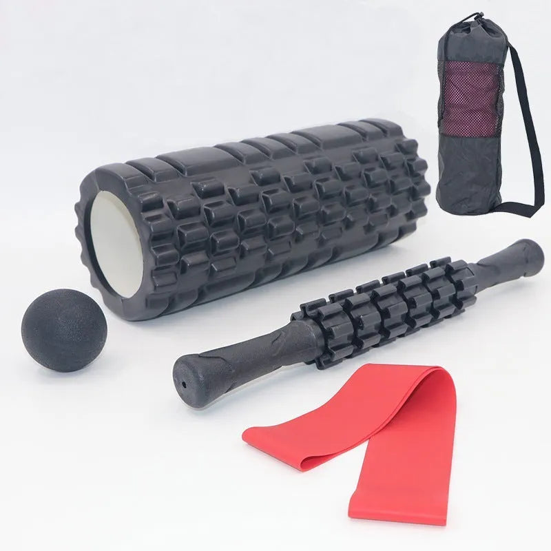 Black fitness foam roller measuring 33cm with EVA and PVC construction for muscle massage