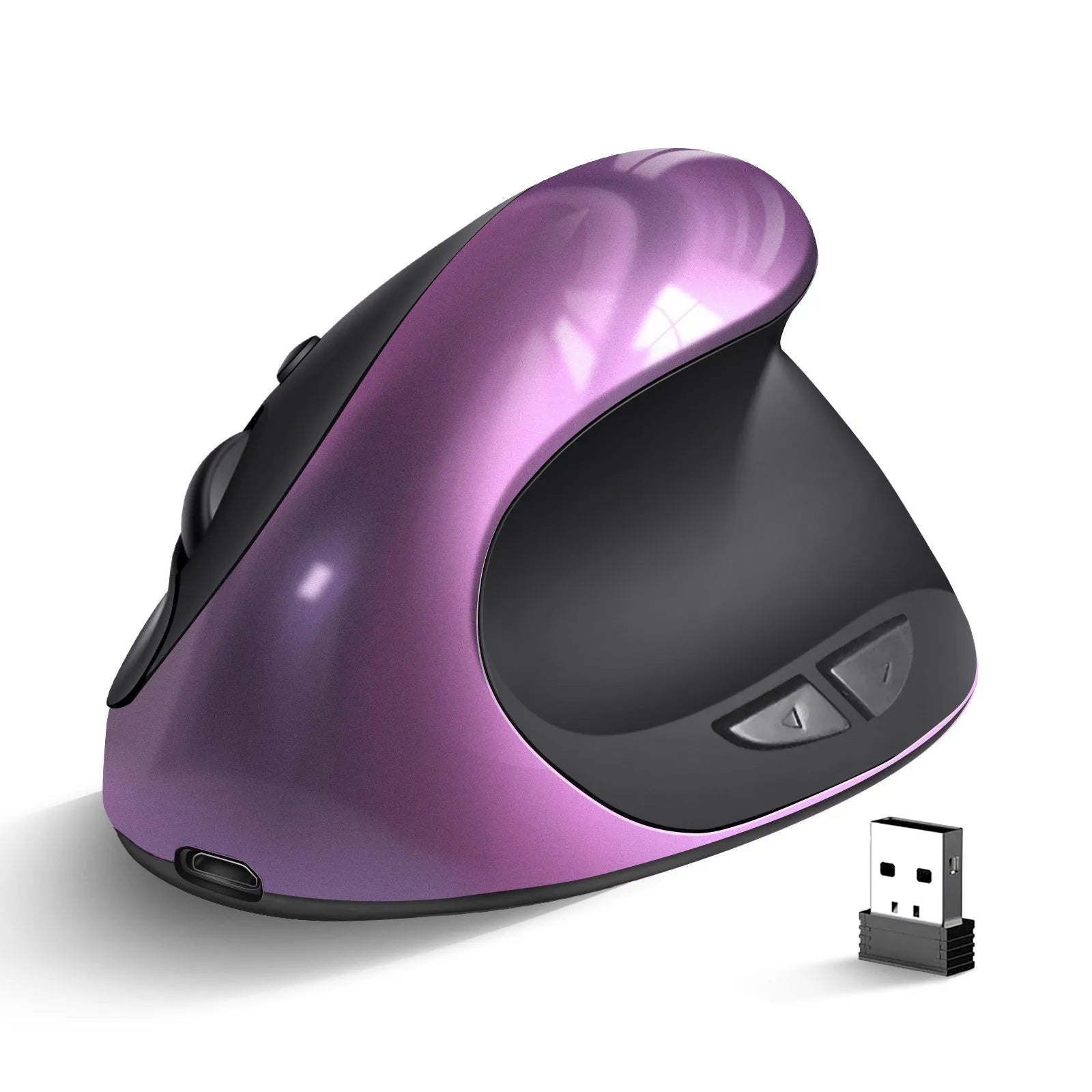Three Generations wireless vertical ergonomic mouse in black, shown next to a laptop.