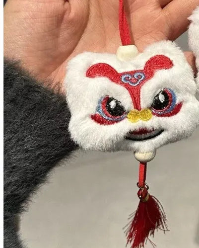 Chinese style blue plush lion keychain ornament with star stone and tassel