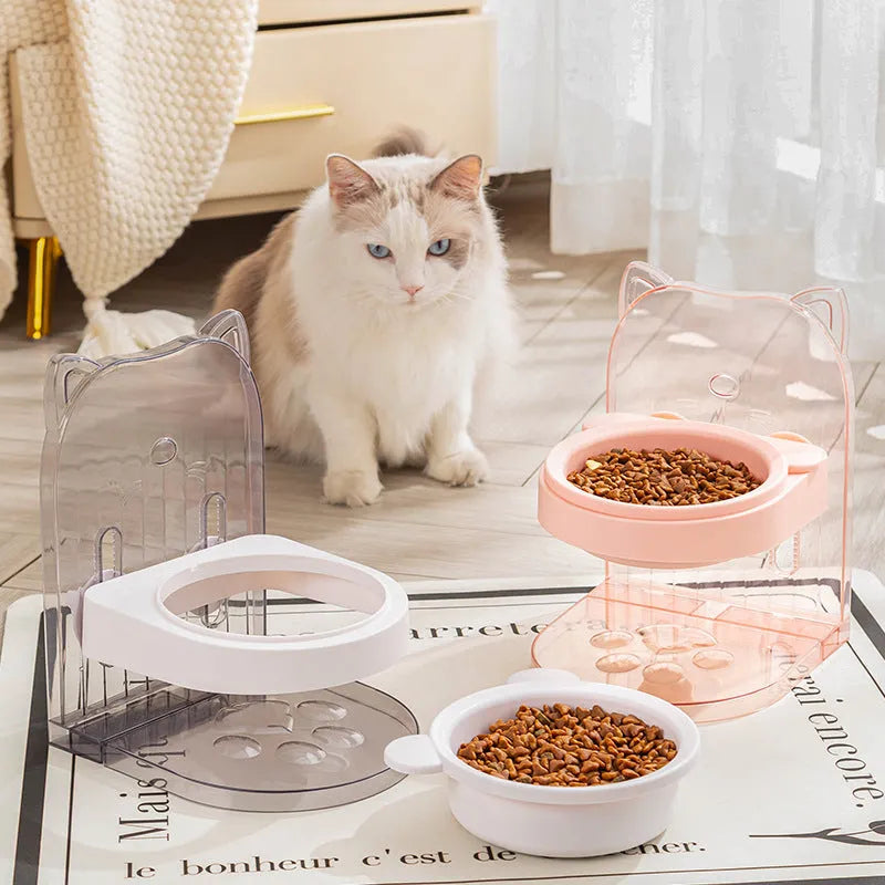 Grey cat feeding bowl with cat ears design and adjustable height mechanism on removable hanging cage