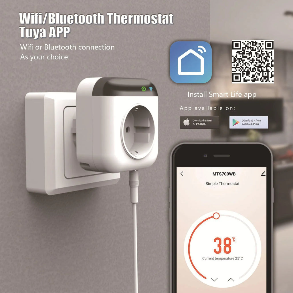 White Tuya wifi smart temperature control switch socket with US plug and detached temperature sensor probe