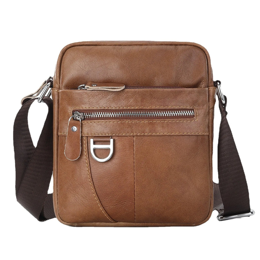 Genuine leather retro messenger bag 8 inch cowhide shoulder crossbody for men black solid colour