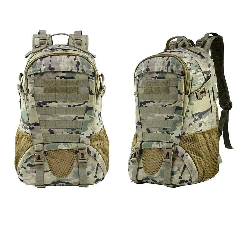 Outdoor mountaineering backpack in Oxford cloth with air pillow belt system shown in camouflage colour