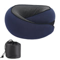 U-shaped grey memory foam travel neck pillow with a black storage bag on a plain background.