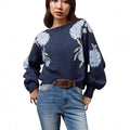 Women's sapphire blue pullover sweater with flower jacquard pattern, off-neck design, and loose fit