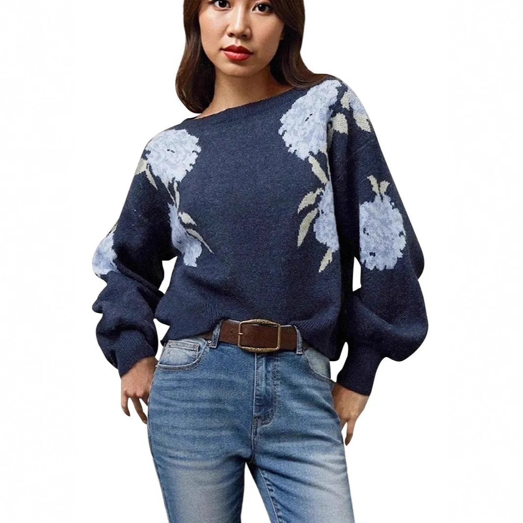 Women's sapphire blue pullover sweater with flower jacquard pattern, off-neck design, and loose fit