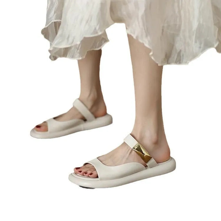 Women's peep toe flat sandals in soft leather with rubber platform sole in apricot colour