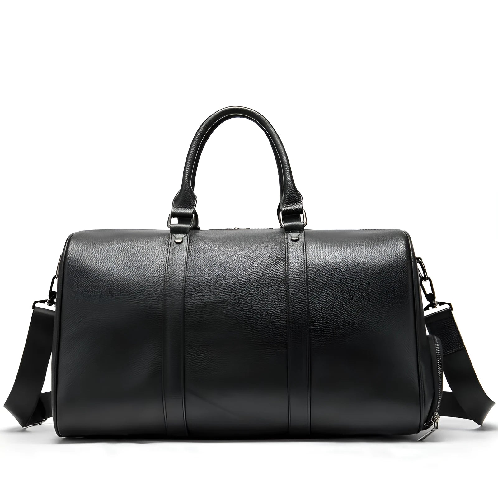 Men's black leather tote bag with single strap showing 44cm and 55cm size options