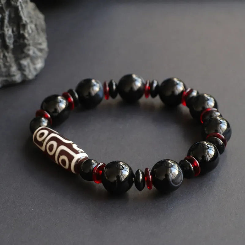 Hand-woven black agate Dzi bead bracelet with 11mm geometry-shaped stones