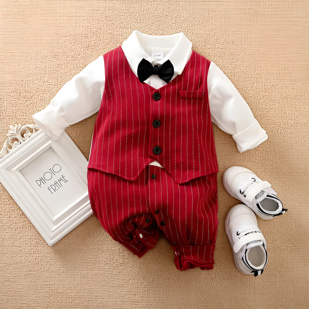 Wine red baby boys long-sleeve romper with single-breasted closure, gentleman style.