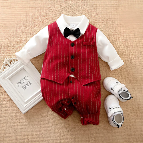 Wine red baby boys long-sleeve romper with single-breasted closure, gentleman style.