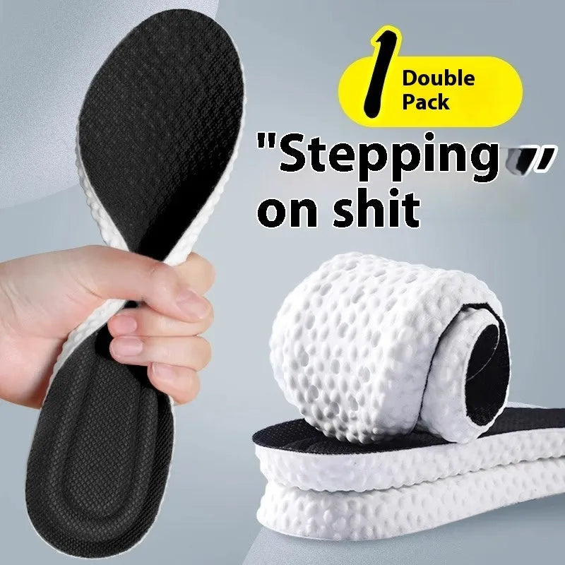 Grey, black, and orange breathable sports insoles made from soft PU, shown with size guide from 35 to 46.