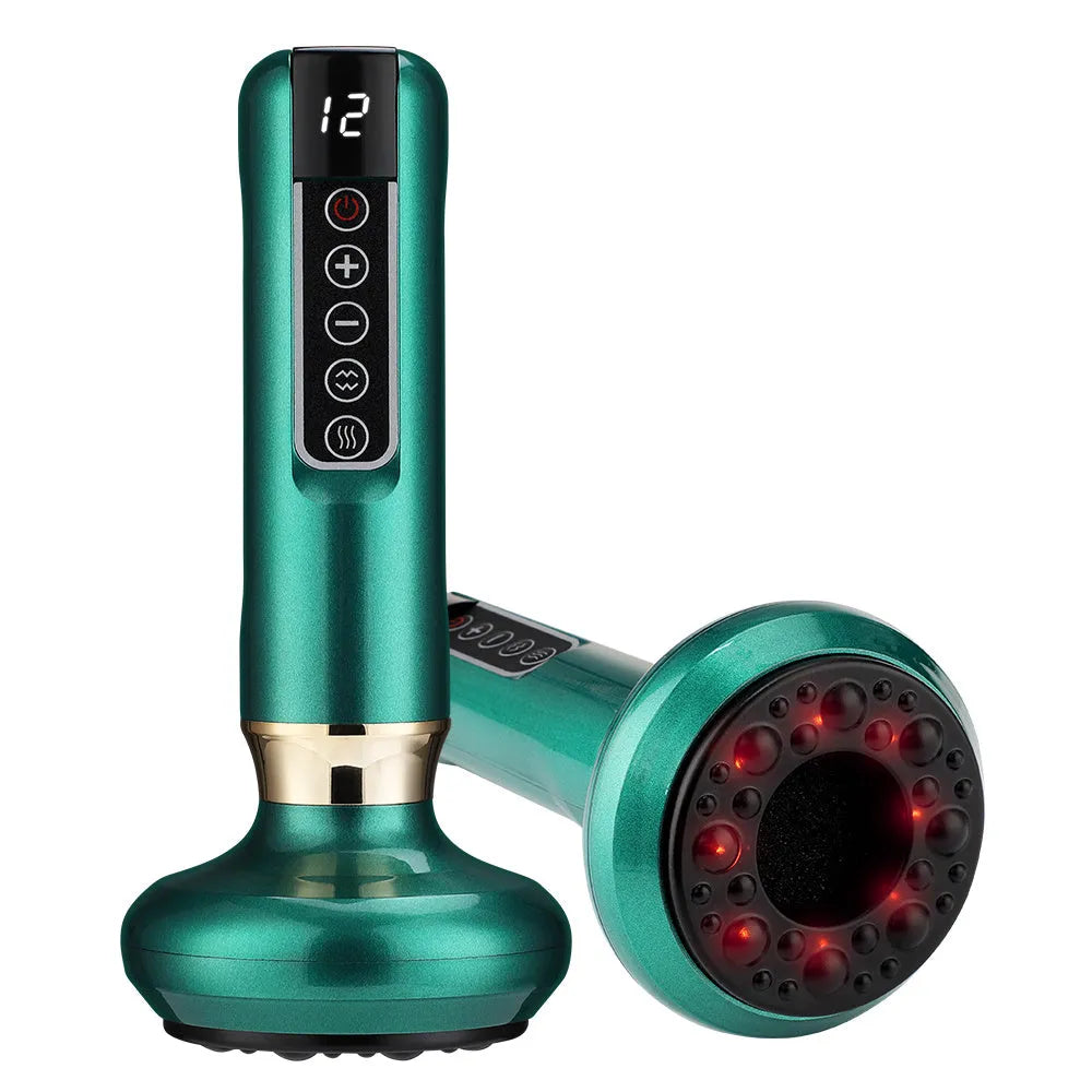 Green electric vacuum cupping massager with adjustable suction and heating controls