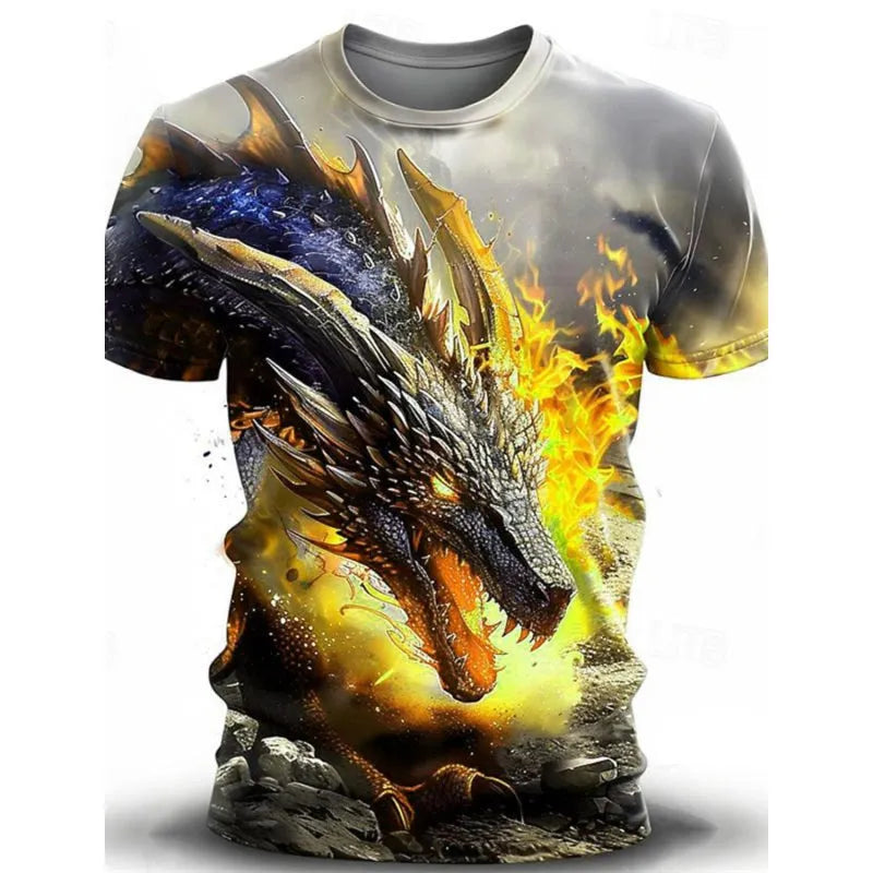 Men's grey T-shirt with a large blue 3D wind dragon print across the chest, short sleeves.