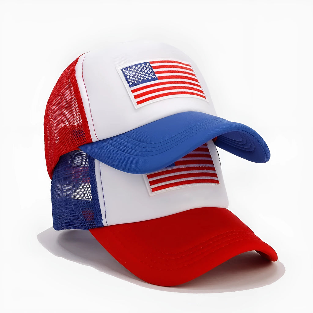 Red and blue contrast mesh breathable baseball cap with adjustable strap and dome crown design