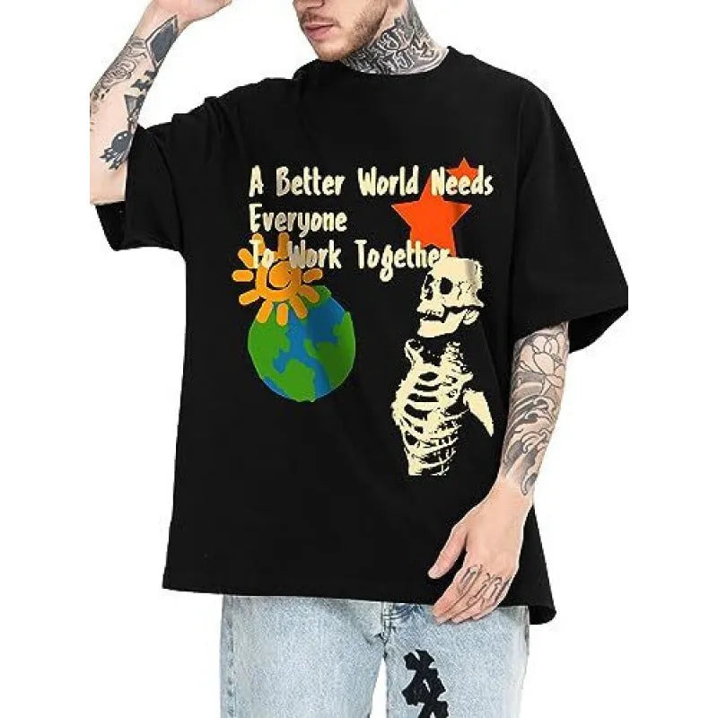 Men's printed short-sleeve street sports t-shirt on a hanger, showing a digital print pattern.