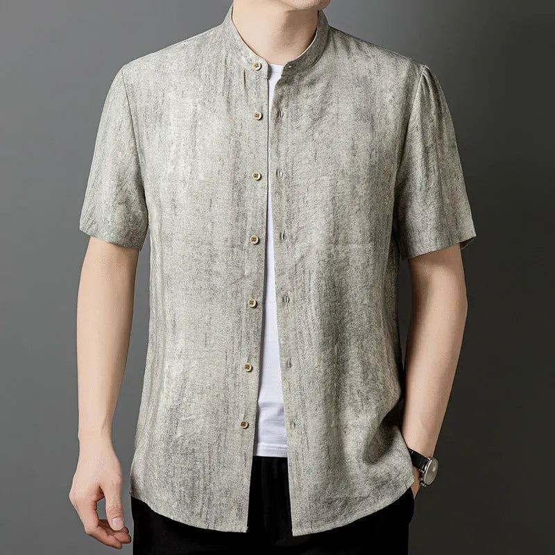 Men's linen-style loose cardigan shirt in solid colour with stand collar