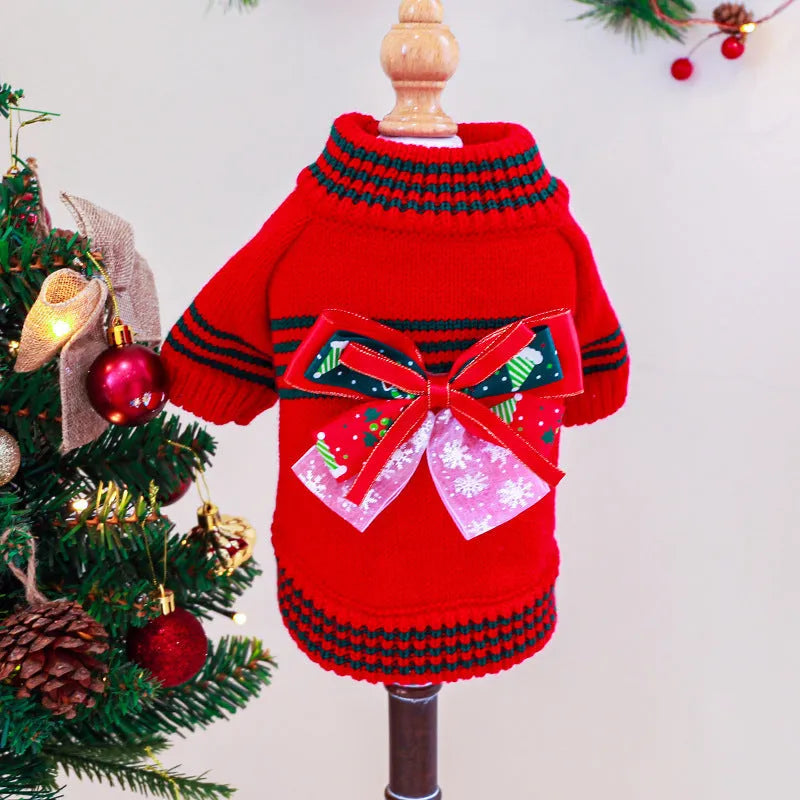 Red and green Christmas dog sweater for small pets with five size options from XS to XL
