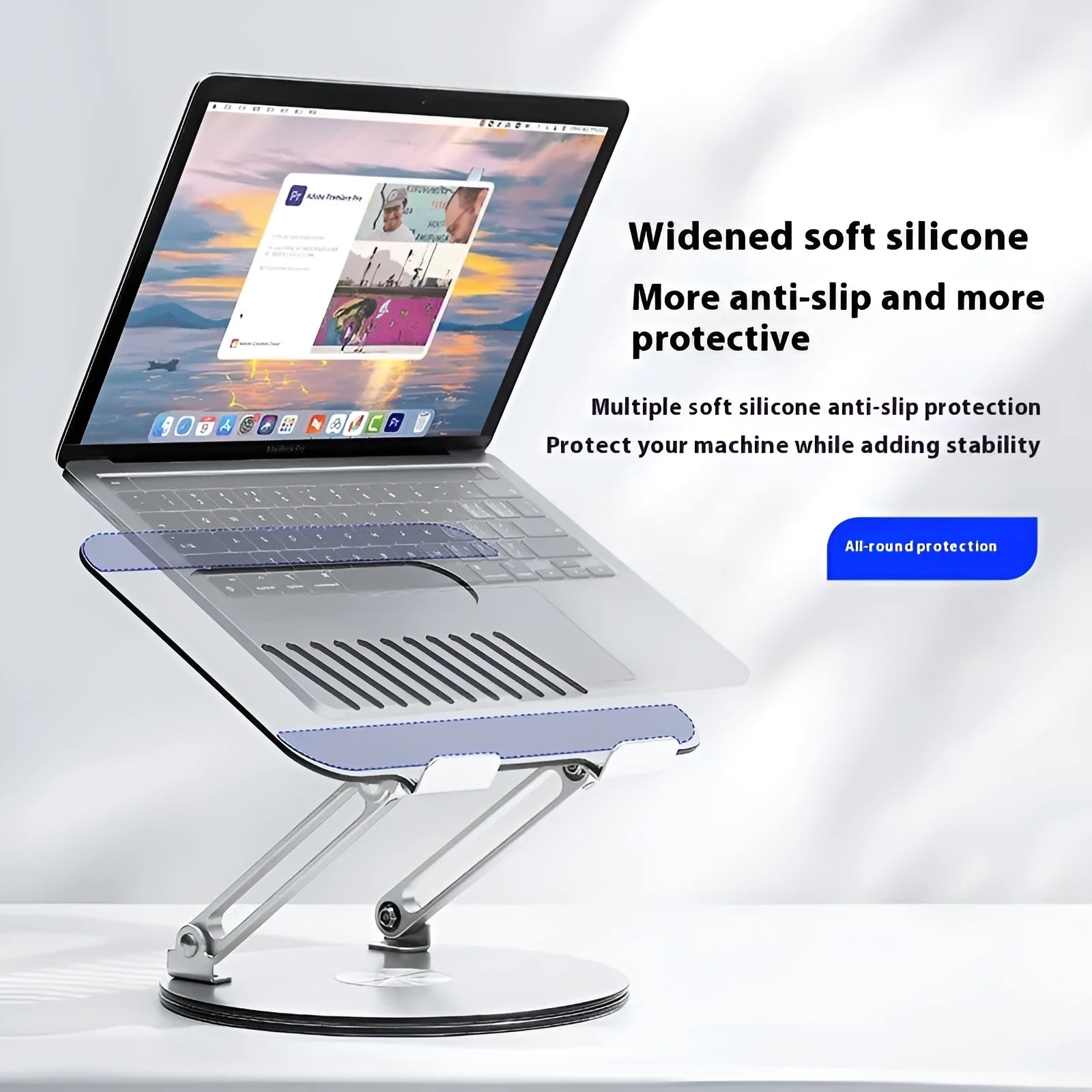 Silver aluminium alloy laptop stand showing height adjustment and rotation features