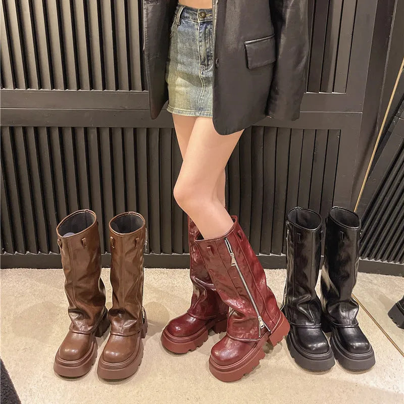 Women's platform Martin boots with square heel and high sock in black, brown, and wine red colour options