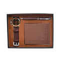 Brown leather wallet, ballpoint pen, and wristwatch set presented in a modern gift box