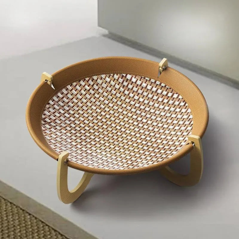 Brown woven rattan pet hammock bed measuring 46x46cm with a 17.5cm high frame