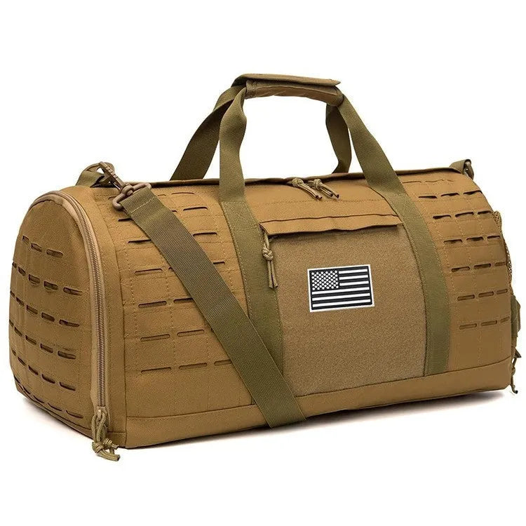 Men's khaki waterproof sports handbag with air pillow shoulder strap, showing 56x26x25cm size