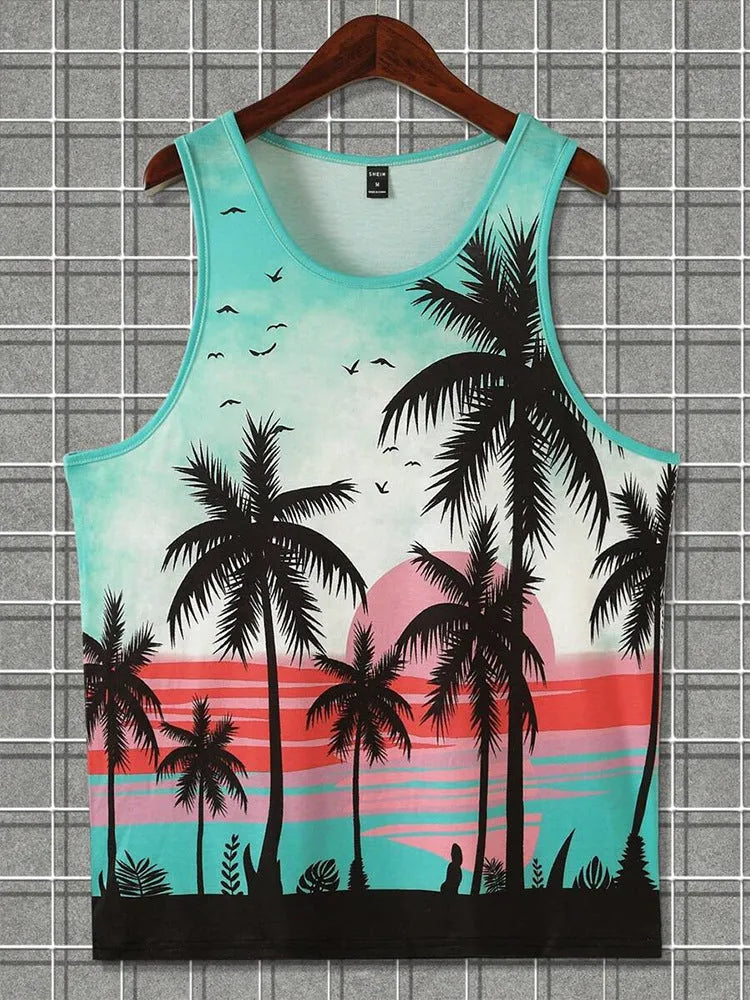 Men's solid colour Hawaiian style sleeveless vest t-shirt made from polyester pinhole cloth