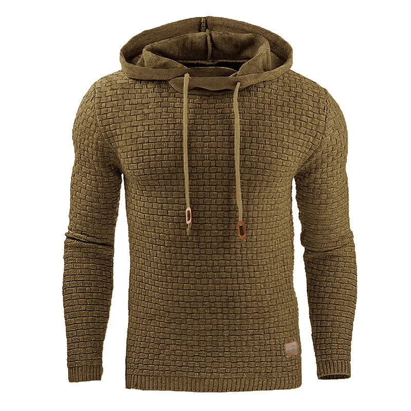 Men's black hoodie sweater made from cotton and polyester blend fabric.