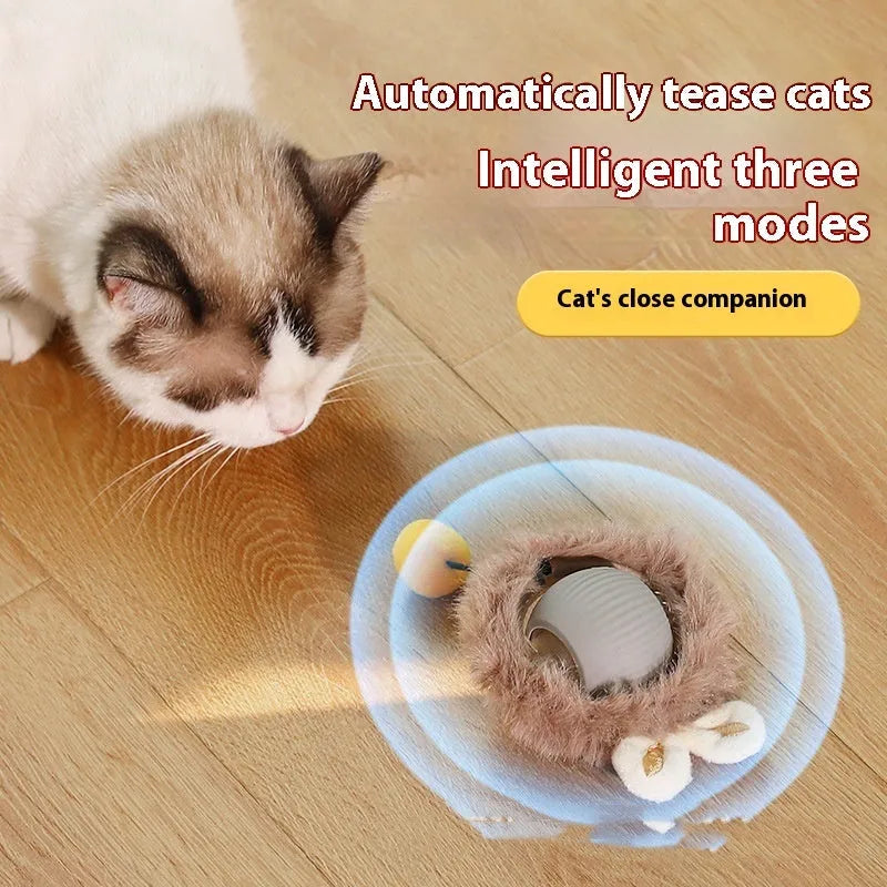 Silicone rolling ball cat toy with a plush cat ball attachment in red, green, or grey colour.
