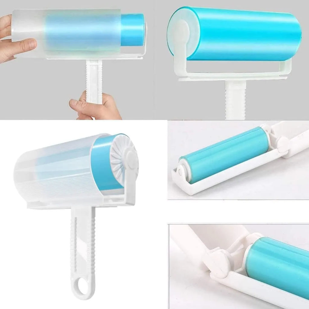 Blue reusable washable lint roller with protective cover for removing pet hair from clothes