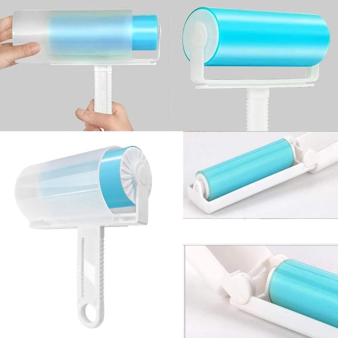 Blue reusable washable lint roller with protective cover for removing pet hair from clothes