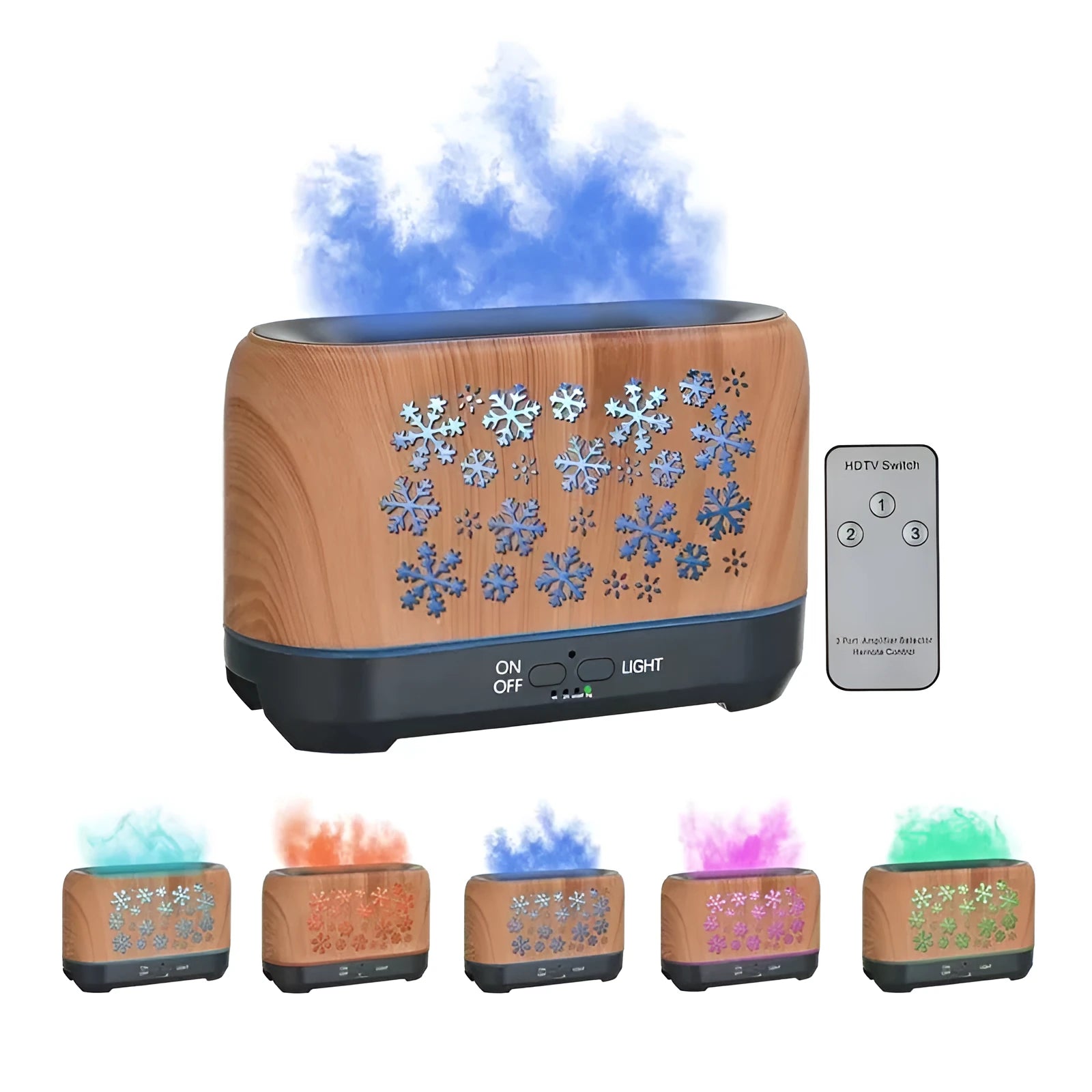 Square Christmas snowflake pattern aromatherapy diffuser with colourful flame effect lighting