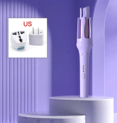 Automatic hair curler with 32mm ceramic barrel in pink, showing wired power cord and included US/EU travel adapters.