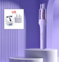 Automatic hair curler with 32mm ceramic barrel in pink, showing wired power cord and included US/EU travel adapters.