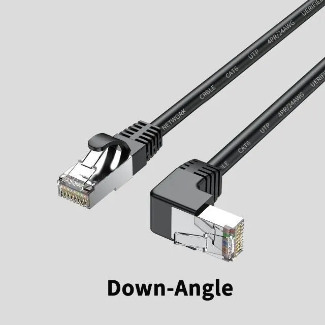 Black Cat6 Ethernet cable with a right-angled metal RJ45 connector shown next to a router.