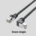 Black Cat6 Ethernet cable with a right-angled metal RJ45 connector shown next to a router.